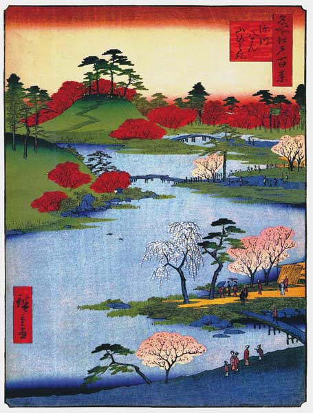 Der offene Garten beim Hachiman-Schrein in Fukagawa. (Einhundert Ansichten von Edo) von Ando oder Utagawa Hiroshige