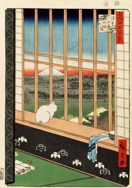 Eine Katze, auf der Fensterbank sitzend von Ando oder Utagawa Hiroshige