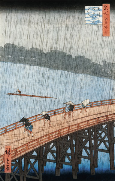 Sudden Shower over Shin-Ohashi Bridge and Atake (Ohashi Atake no Yudachi), from the series 'Meisho E von Ando oder Utagawa Hiroshige