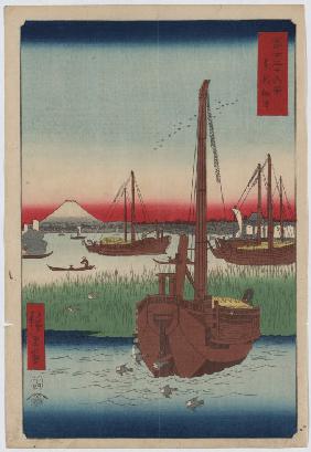 Die Insel Tsukuda (Aus der Serie "36 Ansichten des Berges Fuji") 1858