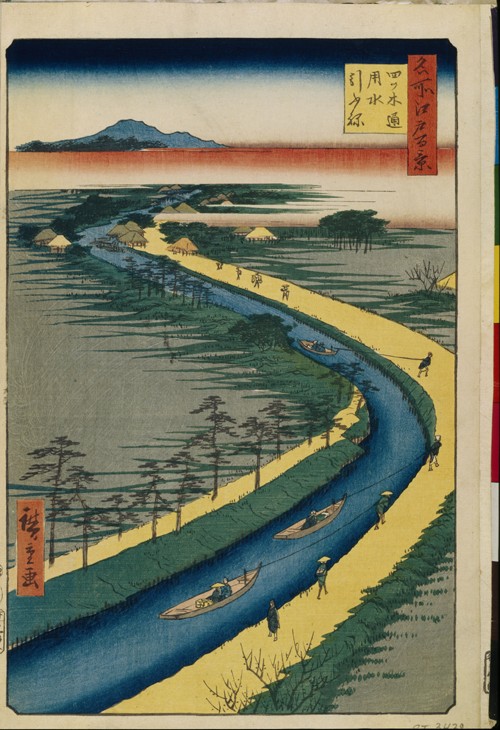 Gezogene Boote auf dem Yotsugi-dori Kanal (Einhundert Ansichten von Edo) von Ando oder Utagawa Hiroshige