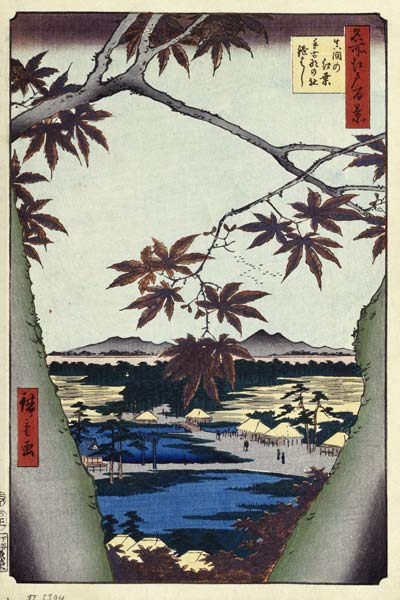 Ahornbäume in Mama, der Tekona Schrein und die Brücke von Mama (Einhundert Ansichten von Edo) von Ando oder Utagawa Hiroshige