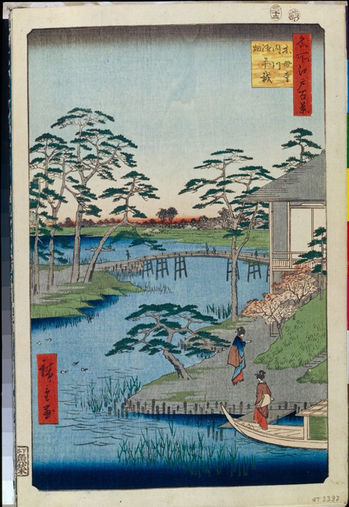 Mokuboji und Gemüsefelder am Uchi-kawa (Einhundert Ansichten von Edo) von Ando oder Utagawa Hiroshige