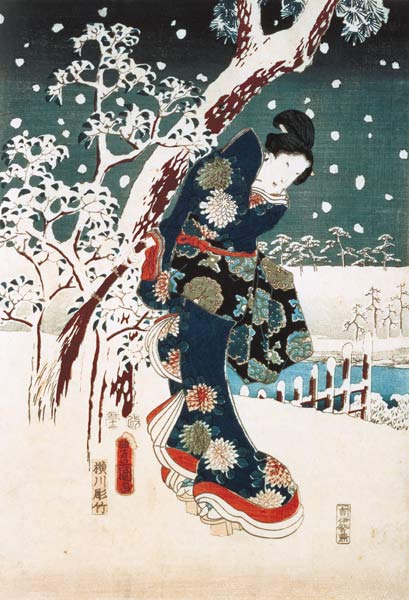 Snow Scene in the Garden of a Daimyo, part of Triptych (silkscreen) von Ando oder Utagawa Hiroshige