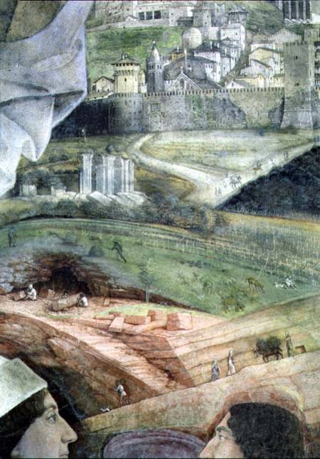 The Arrival of Cardinal Francesco Gonzaga; marble quarry workings and an idealised view of Rome, fro von Andrea Mantegna