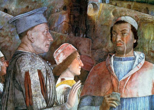 Marchese Ludovico Gonzaga III of Mantua (reigned 1444-78) greeting his son Cardinal Francesco Gonzag von Andrea Mantegna