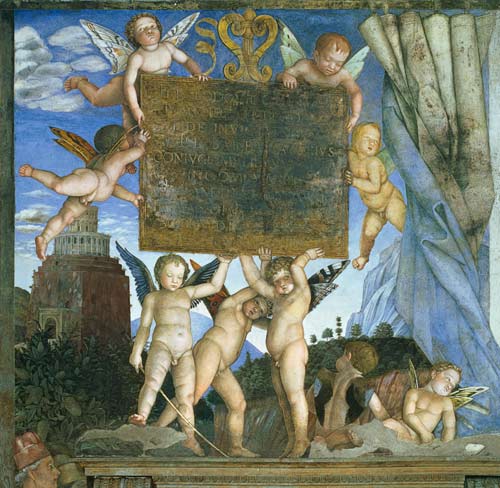 Camera degli Sposi - Putten, die eine Tafel halten von Andrea Mantegna
