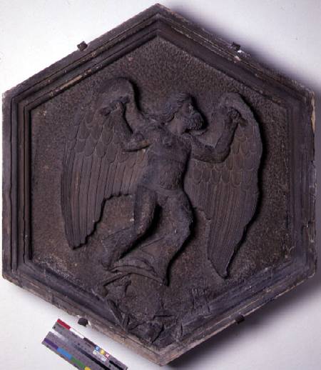 The Art of Flight, Daedalus, hexagonal decorative relief tile from a series depicting the practition von Andrea Pisano