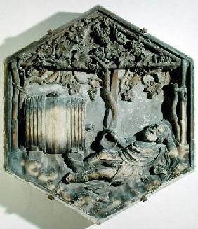 The Drunkenness of Noah, hexagonal decorative relief tile from a series illustrating episodes from G  c.1334-48