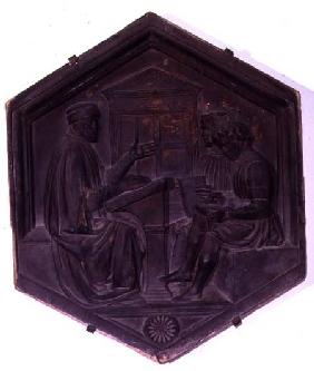 Grammar, hexagonal decorative tile from a series depicting the Seven Liberal Arts possibly based on  c.1334-48