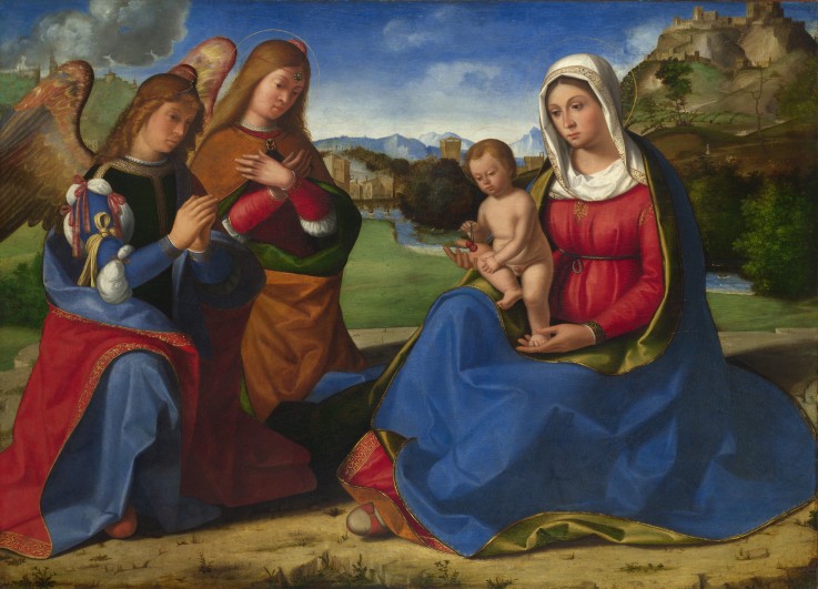 Madonna mit Kind, von zwei Engeln verehrt von Andrea Previtali