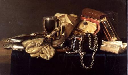 Still Life of a Jewellery Casket, Books and Oysters von Andries Vermeulen