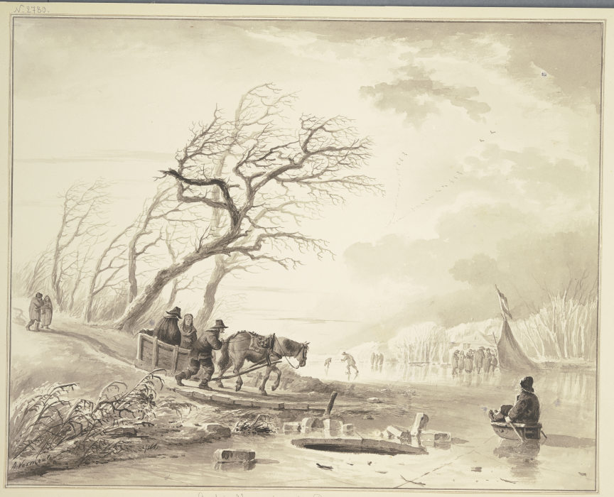 Winterlandschaft, rechts auf dem Eis ein Zelt, links bei einer Baumgruppe ein Schlitten mit einem Pf von Andries Vermeulen