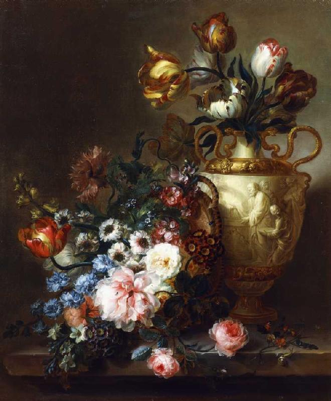 Tulpenstrauß in einer Vase und andere Blumen. von Ange Louis Guillaume Lesourd-Beauregard