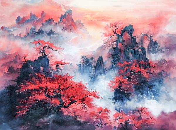 Chinesische Bergwelt im Herbst. Rote Ahornbäume von Anja Frost