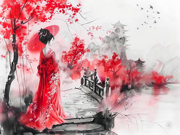 Chinesische Geisha an einer Brücke am Tempel. von Anja Frost