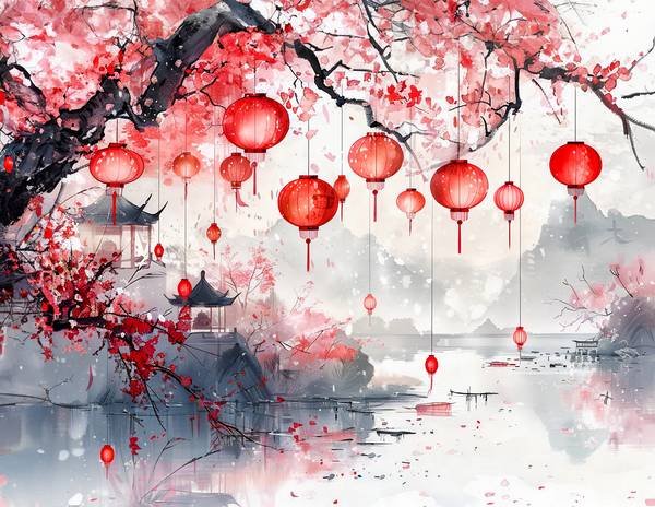 Chinesische Lampions im Kirschbaum. Tempelanlage. von Anja Frost
