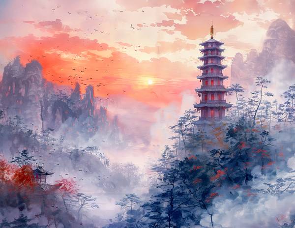 Chinesischer Tempel in Bergwelt von Anja Frost