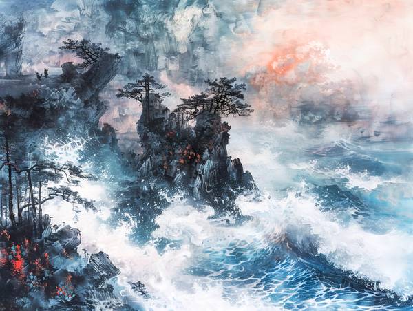 Das Meer bricht an den chinesischen Bergen. von Anja Frost