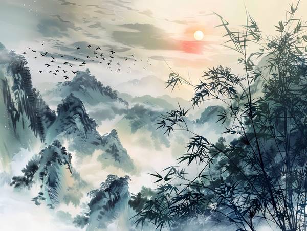 Schwarm Zugvögel fliegt über die Bergwelt Chinas. von Anja Frost