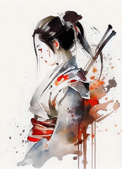 Japanische Geisha Kämpferin mit Samurai Schwertern. Aquarell Porträt 2022