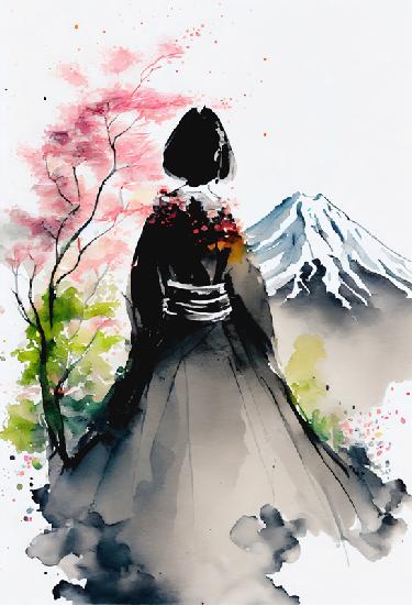 Japanische Geisha blickt auf die Landschaft mit schneebedecktem Fuji 2021