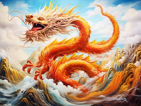 Goldener chinesischer Drache über Meer und Bergen. Jahr des Drachen. 2023