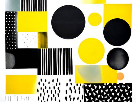 Kontrastreiche Abstraktion: Gelbe, Schwarze und Weiße Kreise und Vierecke im Geometrischen Linolschn 2023