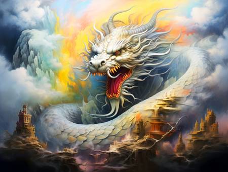 Magischer Drachenflug im Nebelmeer. Jahr des Drachen mit Chinesischem Drachen 2023