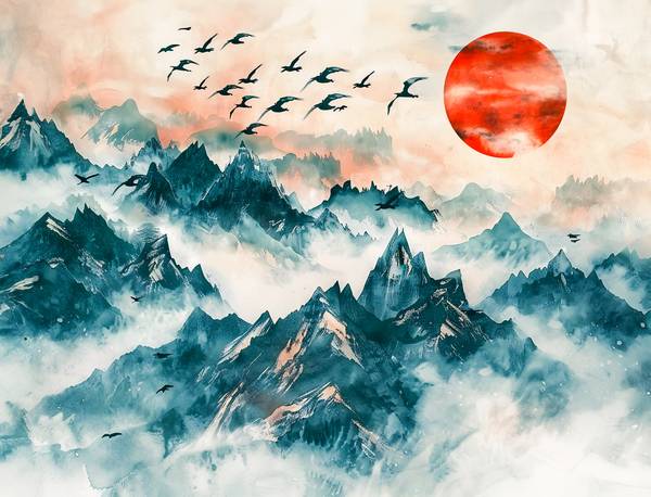 Vögel fliegen über Chinas Berge der roten Sonne entgegen von Anja Frost