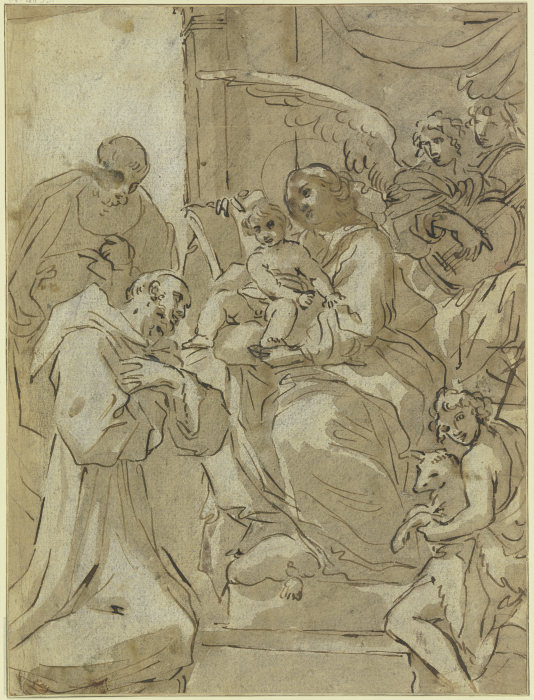 Die Madonna mit Kind zwischen Heiligen, hinter ihr musizierende Engel von Annibale Carracci