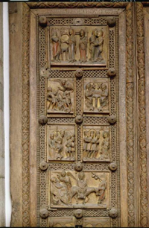 Kapitoltüren, linker Torflügel, obere Hälfte: Verkündigung an Maria und Heimsuchung, Verkündigung an von Anonym Romanisch