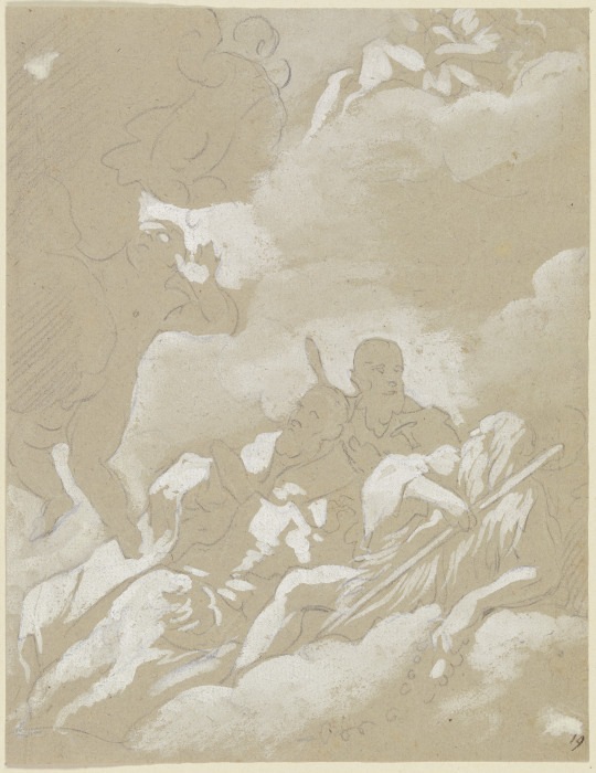 Drei Heilige auf Wolken, darunter ein lagernder bärtiger Anachoret mit einem Rosenkranz von Anonym