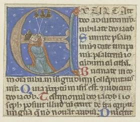 Initiale E: Darin ein kniender Mann mit Krone, drei Glocken läutend (verso Textfragment)