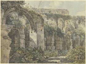 Römische Ruinen mit großem Bogen und hohen Mauern, von Pflanzen überwuchert