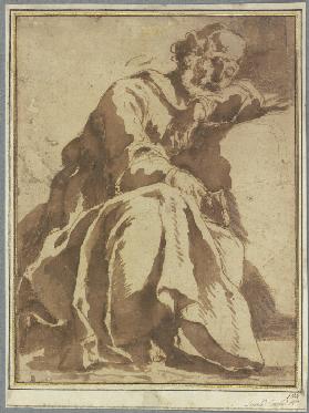Sitzender Mann mit Buch, auf seinen linken Arm gelehnt