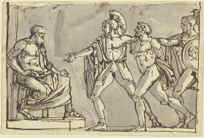 Szene aus der griechischen oder römischen Sage: Ein Gefangener wird von zwei Kriegern dem König vorg von Anonym