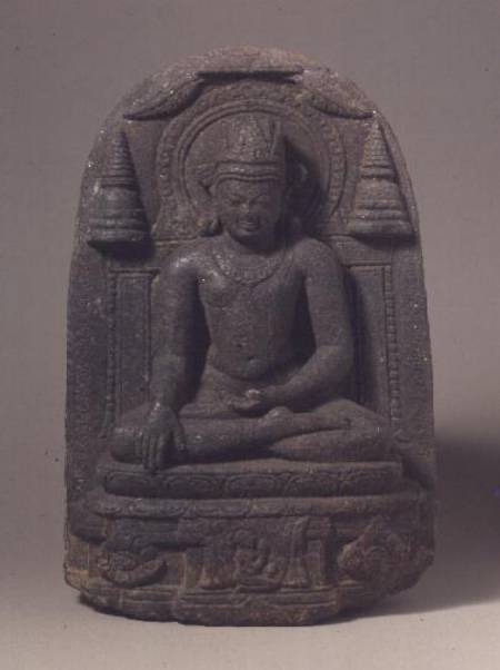1963-30 Carved figure of a seated crowned Buddha in royal preaching posture from Bihar von Anonymous