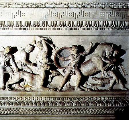Alexander Sarcophagusdetail of soldiers attacking a lion von Anonymous