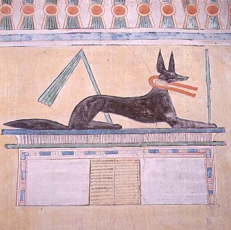 Anubis, Egyptian god of the dead, lying on top of a sarcophagus, wall painting in the Valley Temple von Anonymous
