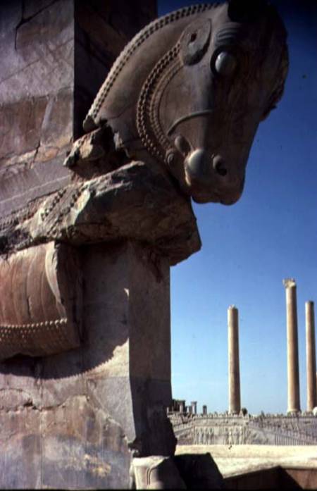 Bull's Headwith a view of the Hall of a Hundred Columns both of the Apadana (audience hall) beyond A von Anonymous