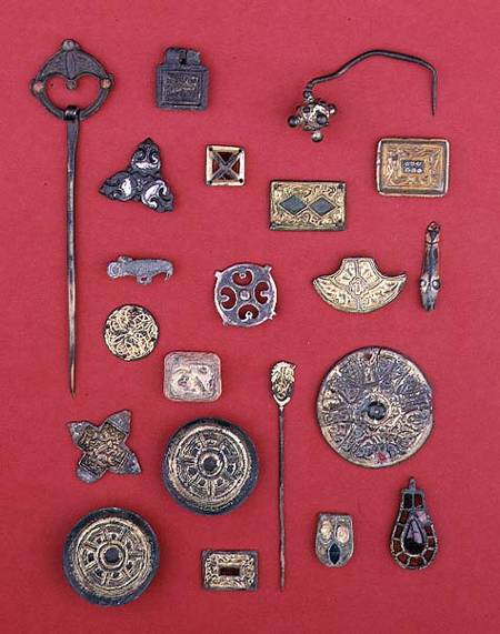 Collection of Anglo-Saxon and Celtic jewellery including gilt bronze mountssaucer and cruciform broo von Anonymous
