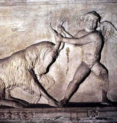 Detail from a Greek sarcophagus from Lydia depicting a putto wrestling with a goat von Anonymous