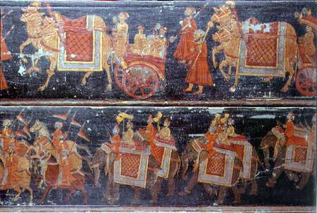 Detail from two painted wood panels depicting processions with soldiers, carriages, oxen and elephan von Anonymous