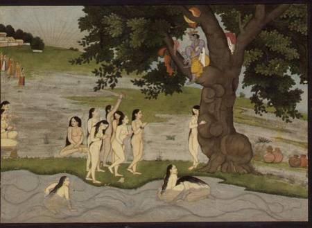Krishna steals the clothes of Gopies, from the 'Bhagavata purana', Kangra, Himachal Pradesh, Pahari von Anonymous