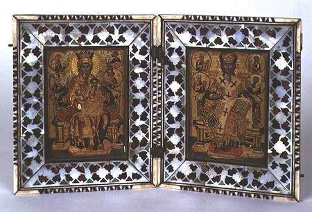 Madonna and Child and Christ Enthroned Byzantine icon with mother-of-pearl and tortoiseshell frame von Anonymous