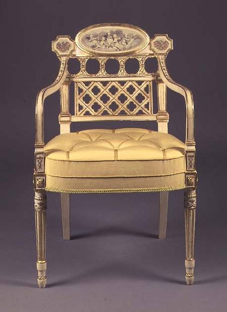 Recency armchair, cream-painted,parcel-gilt frame with grisaille painting of cherubs on oval tablet von Anonymous