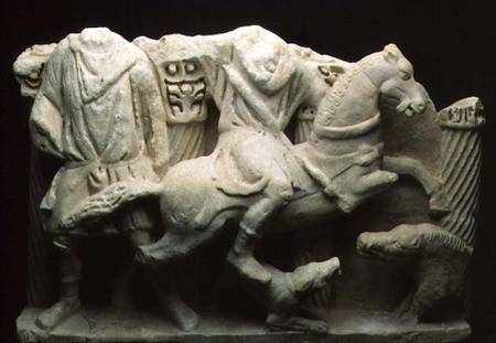 Roman fragmentary relief from a large sarcophagus depicting a boar hunt in high relief von Anonymous