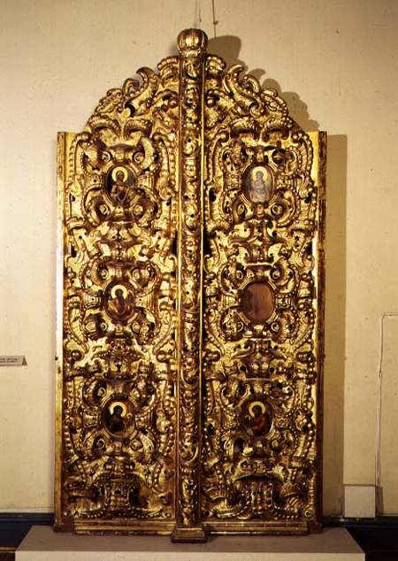 Royal Gates, double-folding altar doors on an iconostasis, decorated with small painted icons, Russi von Anonymous