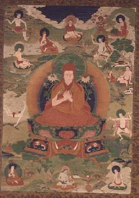 1962.215 Thangka of Sakya Pandita with thirteen figures including lineage Lamas and Mahasiddhas 19th-20th